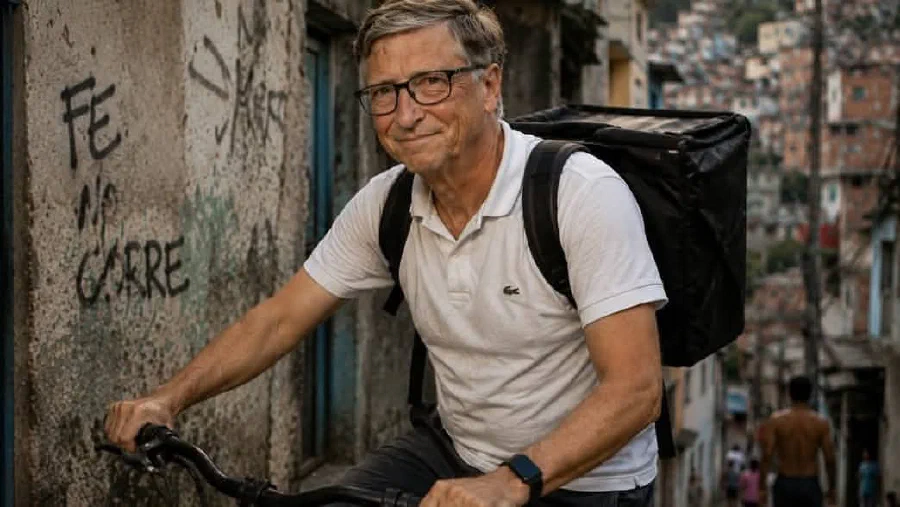 Bill Gates entregando comida en bicicleta