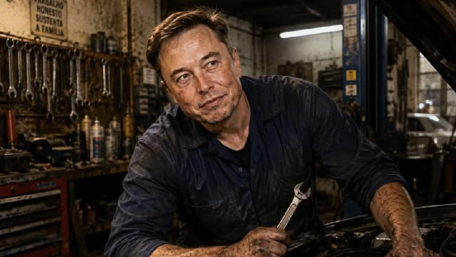 Elon Musk trabajando como mecánico en un taller