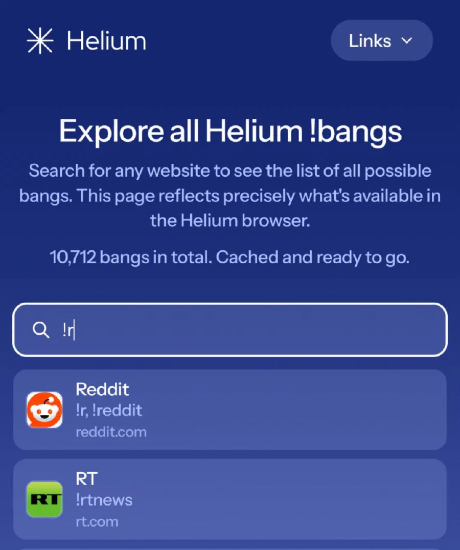 A página de !bangs do Helium